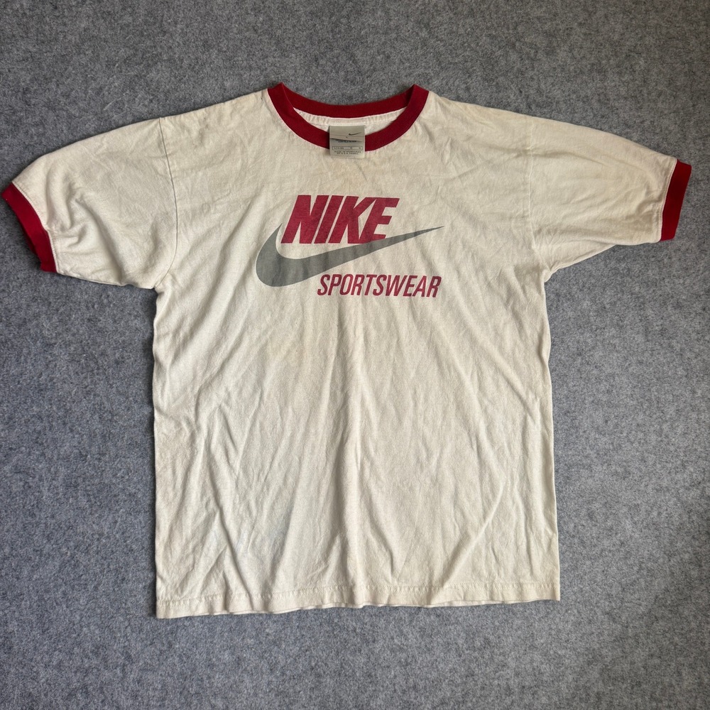 Nike Boys Sportswear Ringer T Shirt L 14-16 White Red Swoosh Graphic Tee